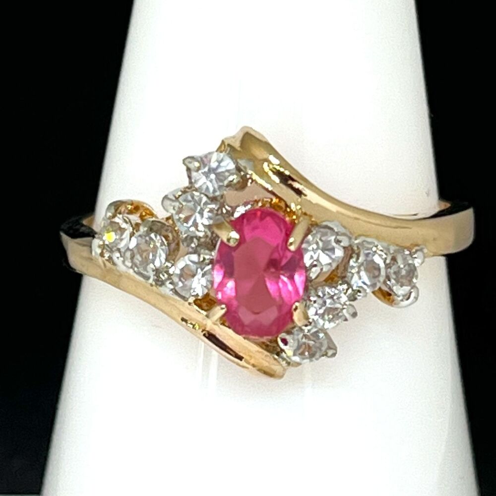 Vintage 1970s Ring Size 9 Pink Crystal CZ Cluster 14KT Gold Plated - 14L
